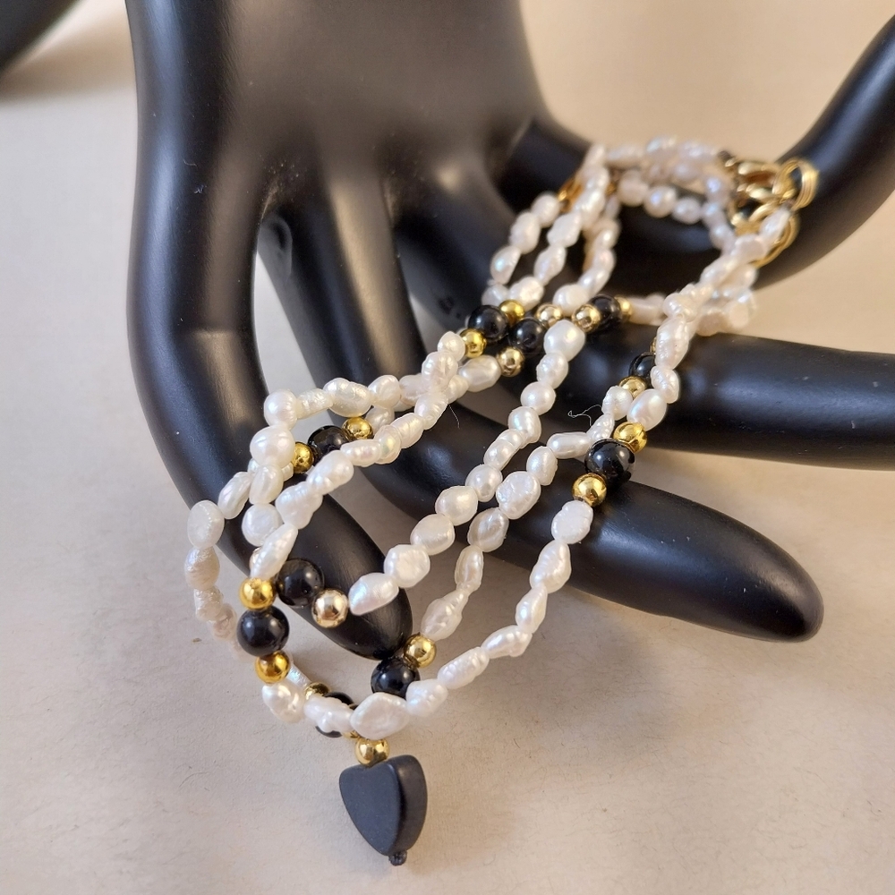 Chic Freshwater Pearl and Black Bead Bracelets with Gold Accents - Picture 2 of 10